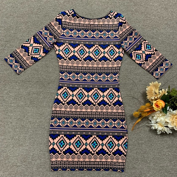 She’s Cool Aztec Print Design Bodycon Dress Size S - Picture 2 of 4